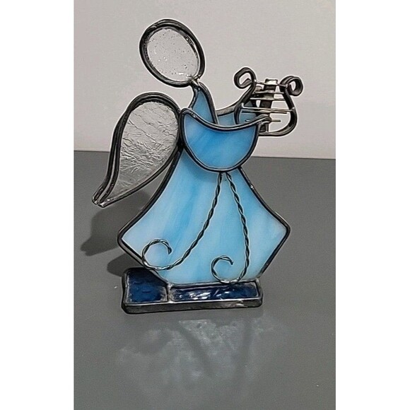 Unbranded Other - VINTAGE Handmade STAINED GLASS ANGEL PLAYING HARP Blue Leaded Glass Christmas